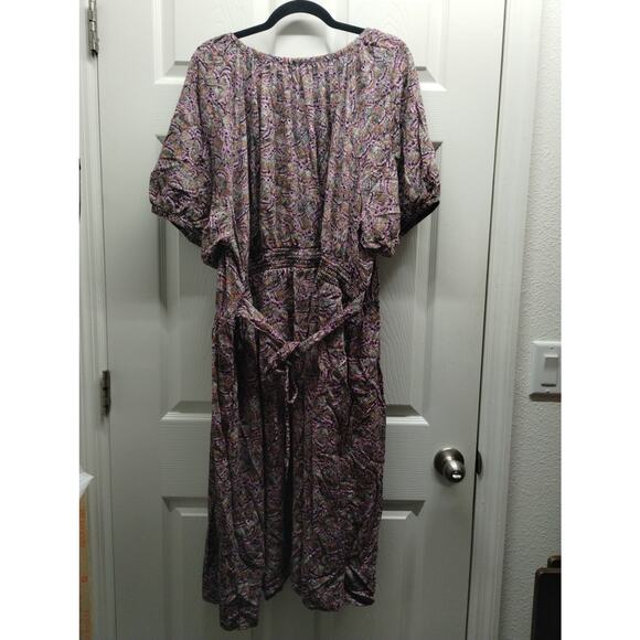 Terra & Sky Size 4X (28/30W) Purple Brown Butterfly Marks Split Neck Midi Dress - Picture 3 of 8